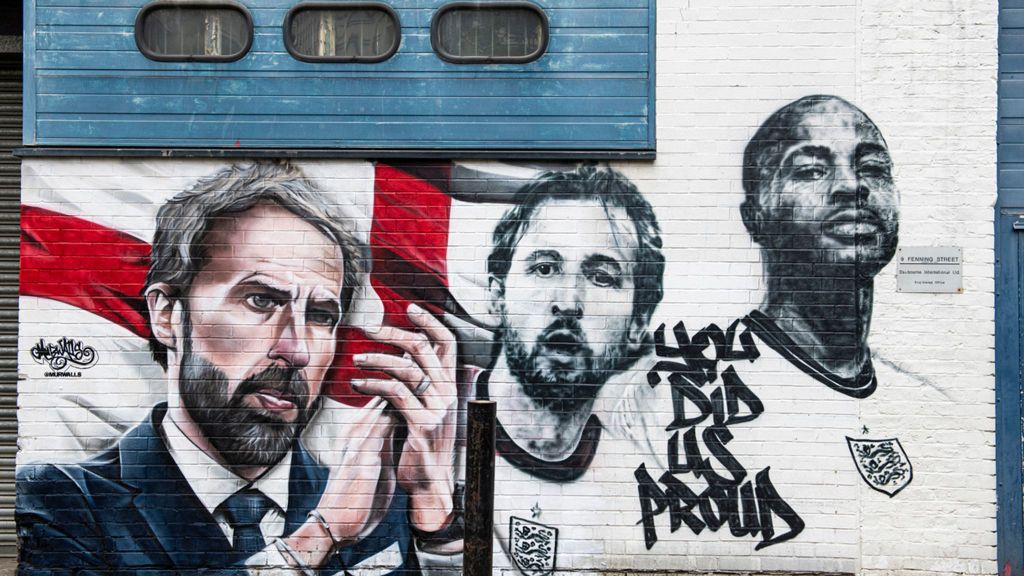 Mural of England manager Gareth Southgate, captain Harry Kane and Raheem Sterling, in London
Euro 2020
You Did Us Proud