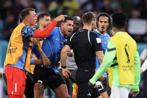 Uruguay angrily protest against the referee after exiting the World Cup in their win to Ghana
