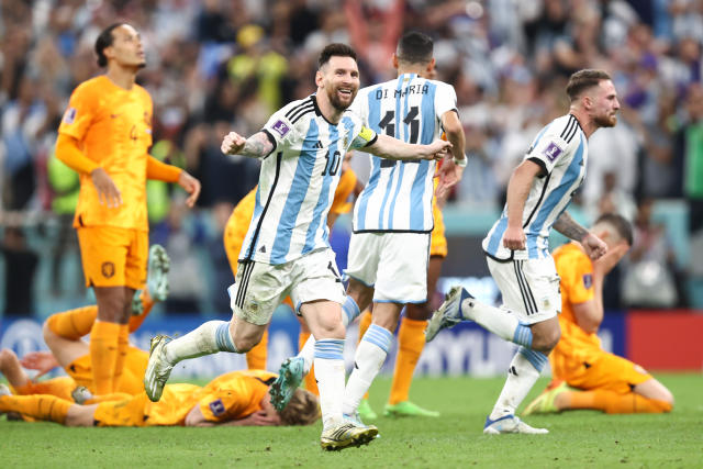 Argentina celebrate their penalty shootout win over the Netherlands
Messi